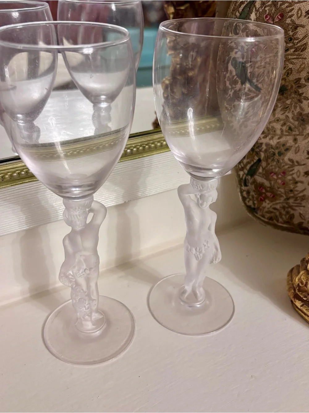 Vintage Bayel French Crystal Wine Glasses Frosted Nude Bacchus Bacchante Set 2